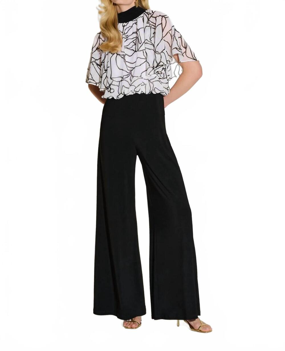 NEW JOSEPH RIBKOFF foiled floral flared jumpsuit in black/vanilla